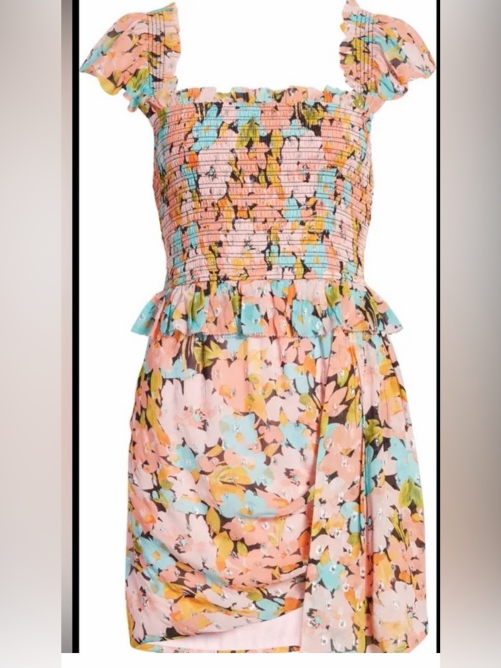 SAYLOR Floral Smocked Ruffle Mini Dress in Pastel Peach
Size Small